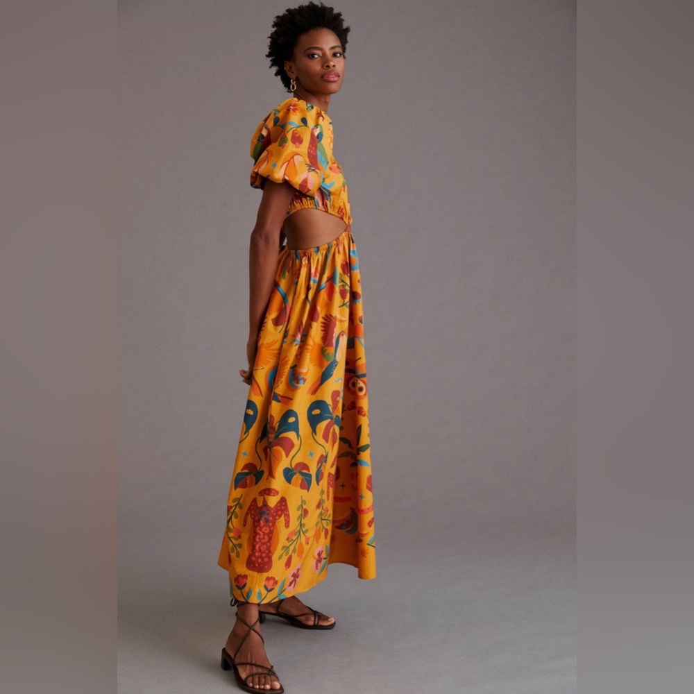 FARM Rio One Shoulder Maxi Dress in Gold Size Small. - Picture 13 of 16